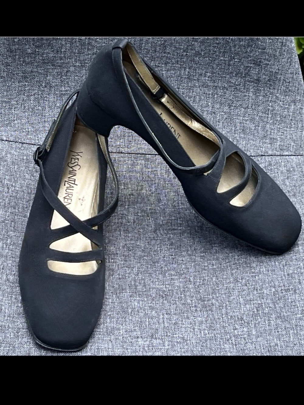 YSL Black Fabric Asymmetric Mary Jane Strap 1.75" Block Heel Pump Shoes 7.5M